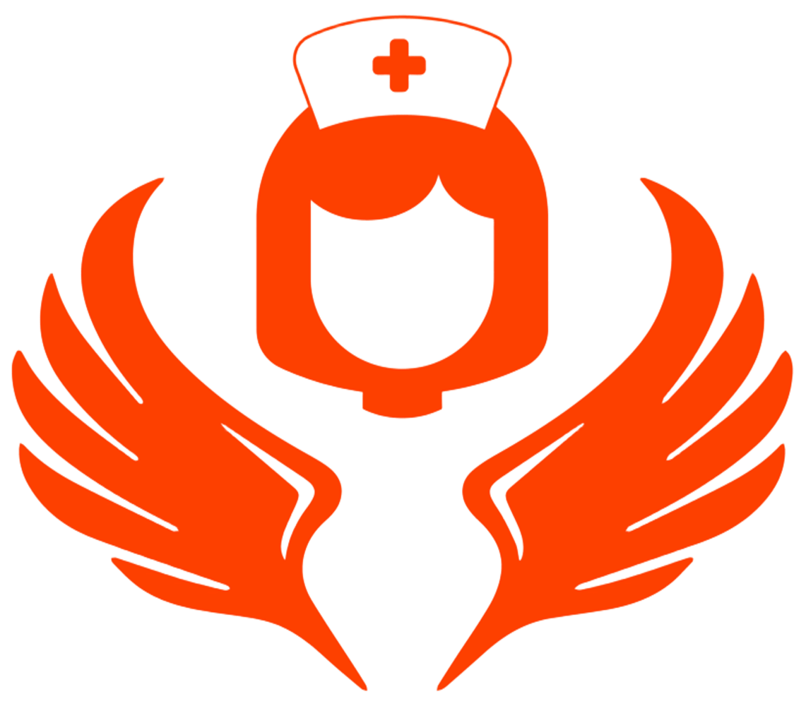 Eine stilisierte rotorange Figur einer Krankenschwester mit Flügeln und weißem Kreuz