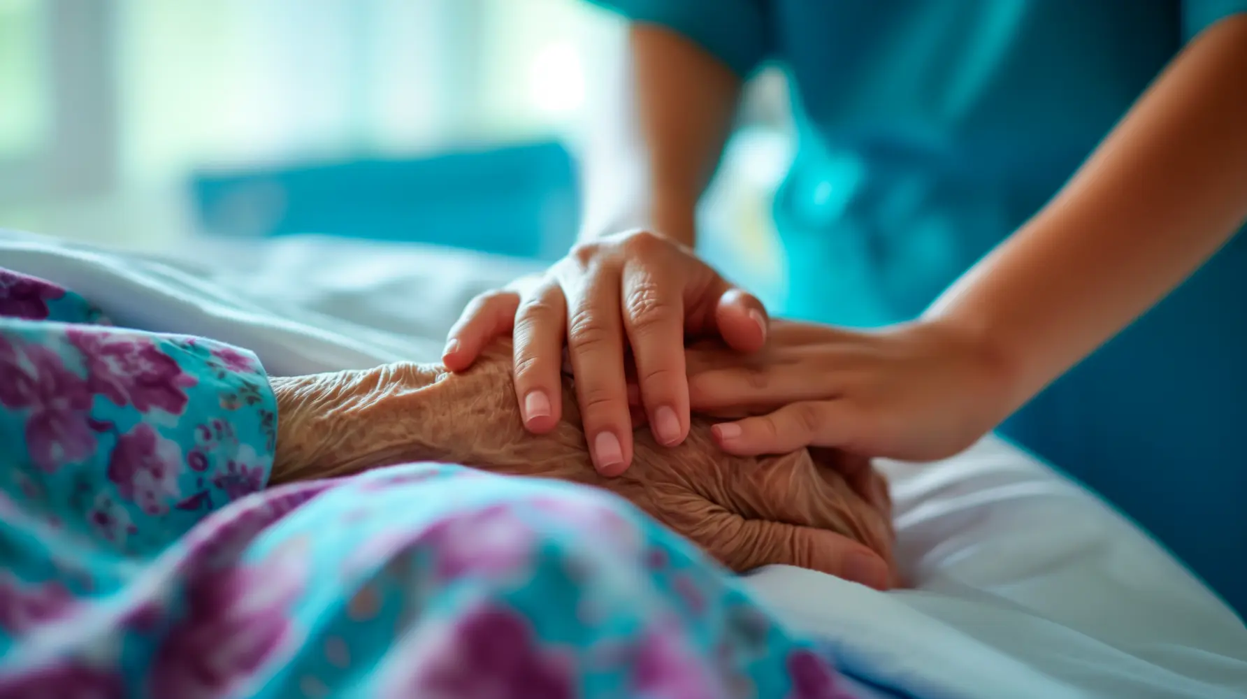 Pflegekraft legt tröstend ihre Hand auf die Hand einer älteren Person im Bett