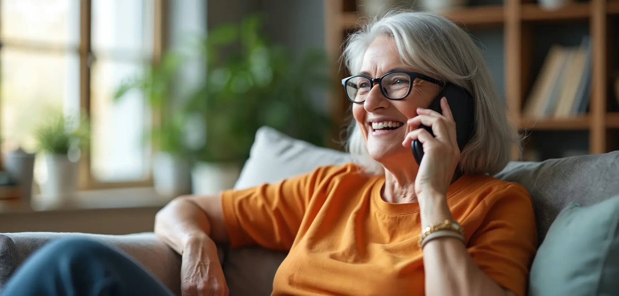 Eine lächelnde ältere Dame mit grauen Haaren trägt ein orangefarbenes Shirt und telefoniert